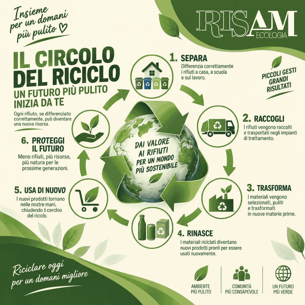 Infografica Risam Ecologia sul circolo del riciclo e le 6 fasi della differenziata