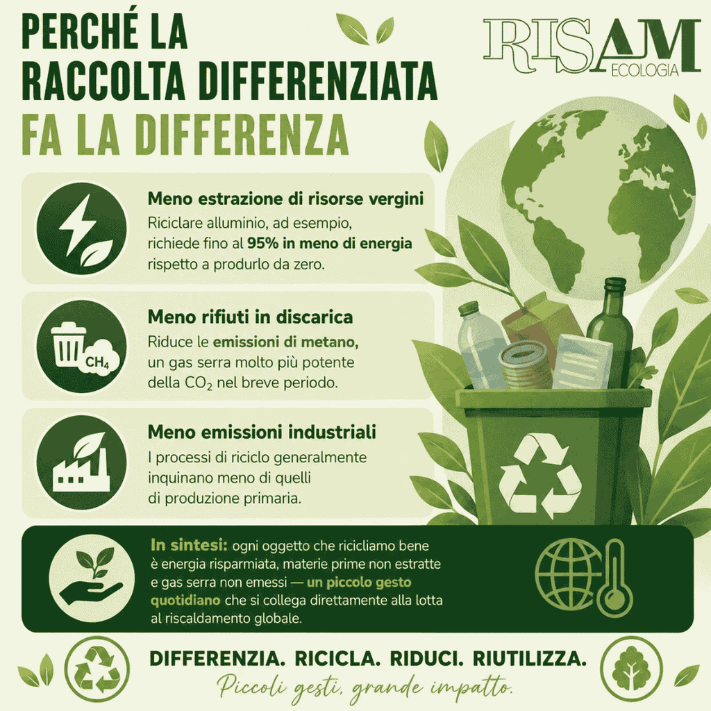 Infografica Risam Ecologia sul legame tra raccolta differenziata, riduzione del metano e risparmio energetico