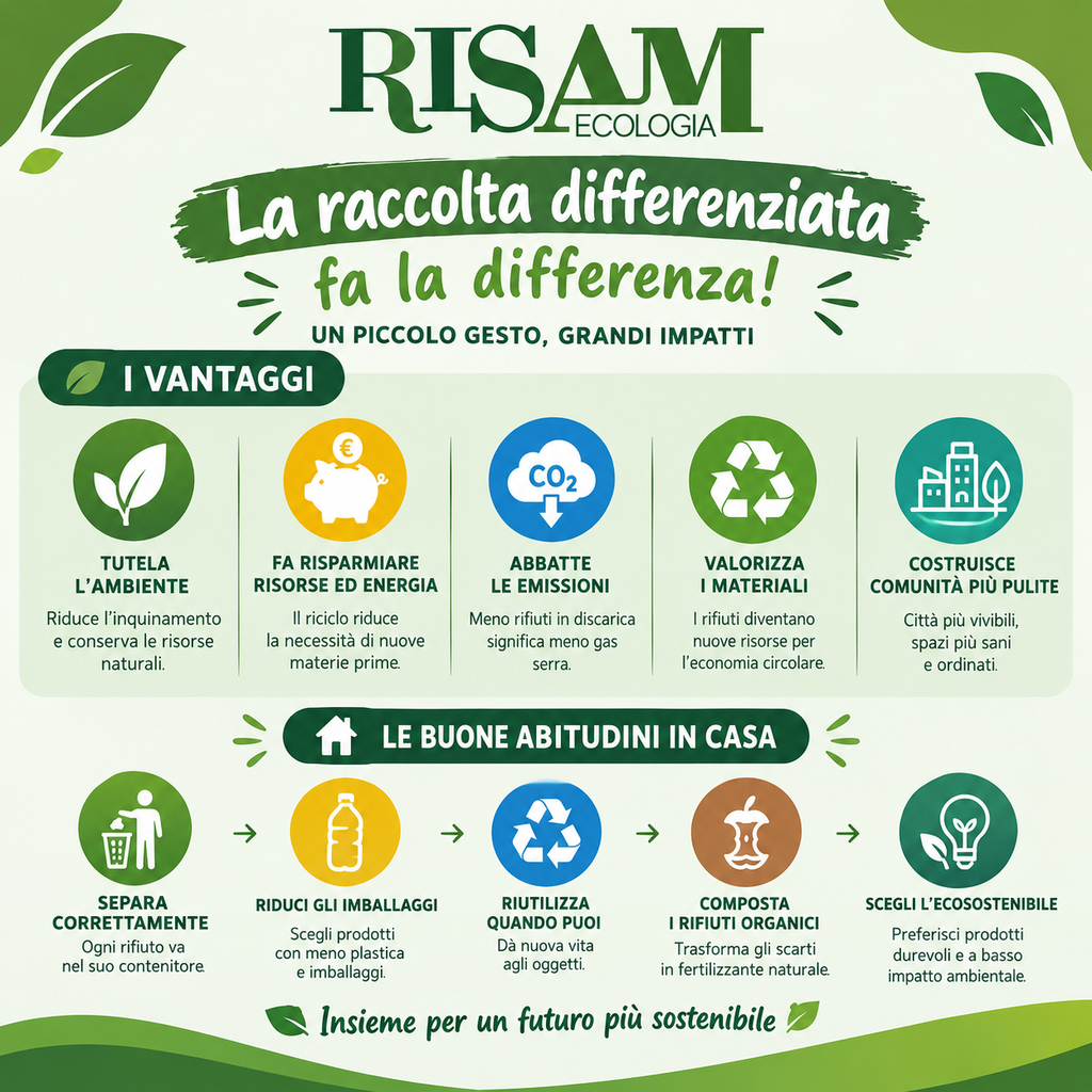 Infografica Risam Ecologia sui vantaggi della raccolta differenziata e le buone abitudini domestiche